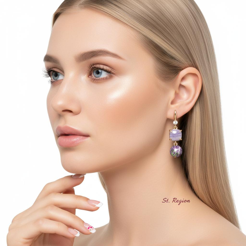 Purple Resin and Cubic Zirconia Goldtone Cushion Ball Hook Earrings, gold drop earrings for women, styled look