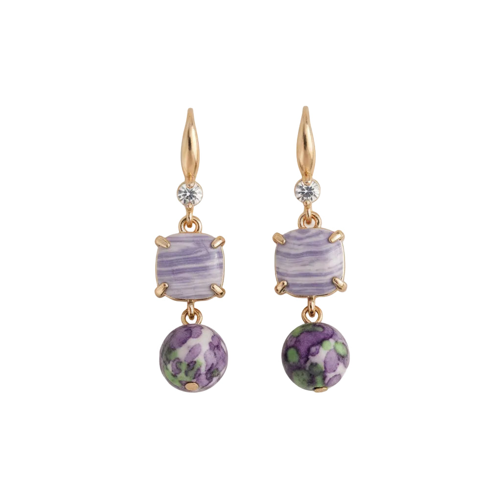 Purple Resin & Cubic Zirconia Goldtone Cushion Ball Hook Earrings - Street Region