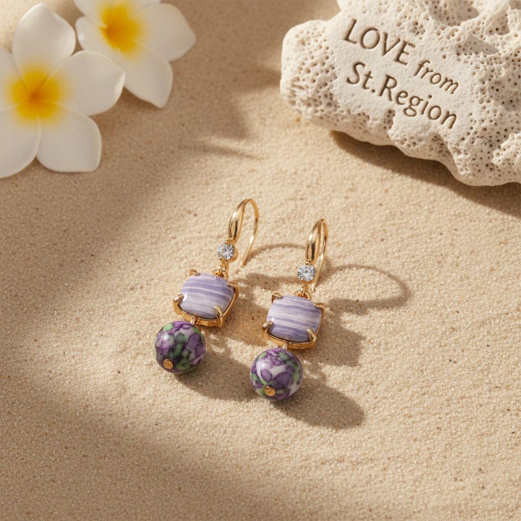 Purple Resin & Cubic Zirconia Goldtone Cushion Ball Hook Earrings - Street Region