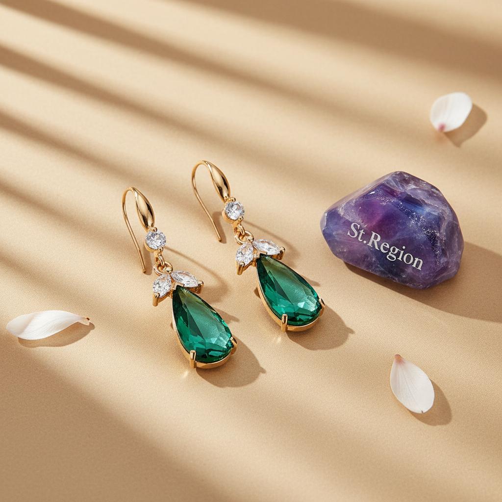 Green Crystal and Cubic Zirconia Goldtone Flower Drop Earrings, gold drop earrings for women, detail close-up