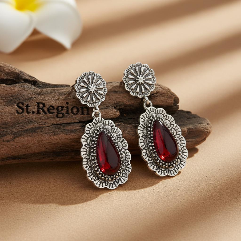 Red Resin and Silvertone Flower Drop Earrings, silver drop earrings for women, botanical inspired, front view