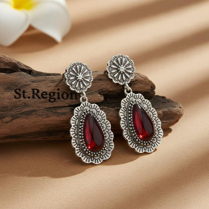 Red Resin and Silvertone Flower Drop Earrings, silver drop earrings for women, botanical inspired, front view