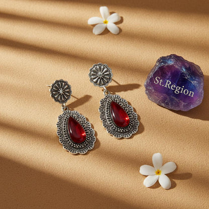 Red Resin and Silvertone Flower Drop Earrings, silver drop earrings for women, botanical inspired, detail close-up