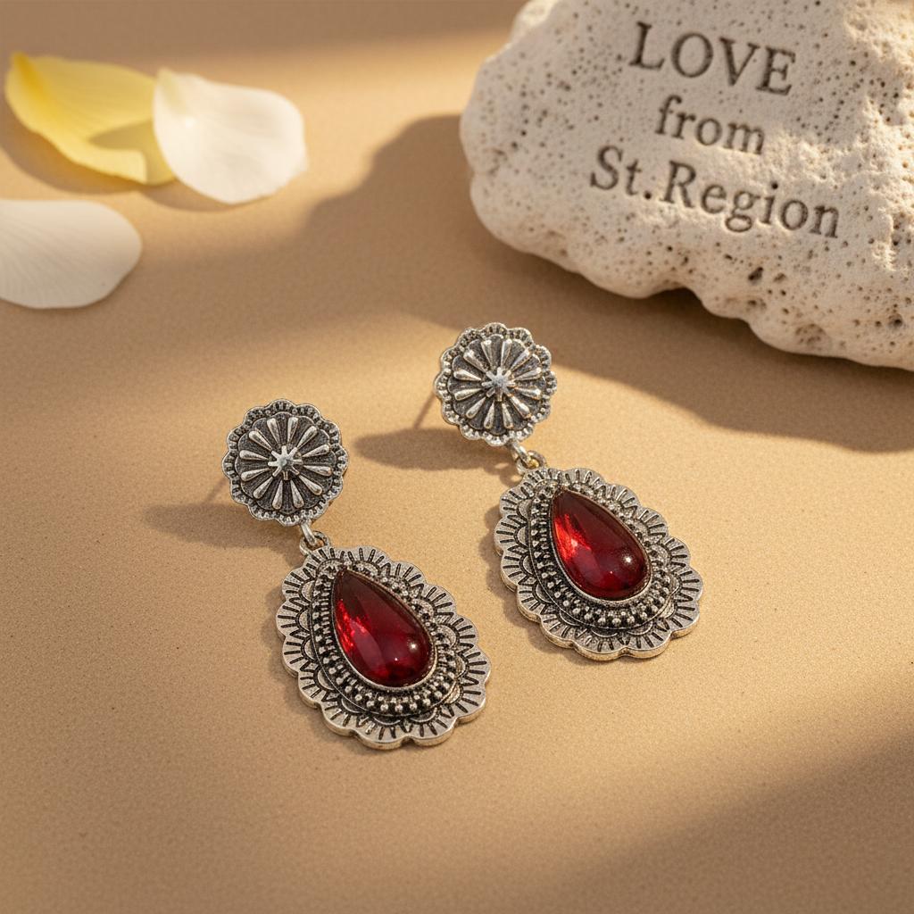 Red Resin and Silvertone Flower Drop Earrings, silver drop earrings for women, botanical inspired, lifestyle look