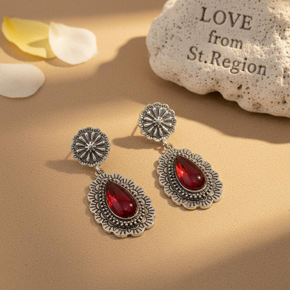 Red Resin and Silvertone Flower Drop Earrings, silver drop earrings for women, botanical inspired, lifestyle look