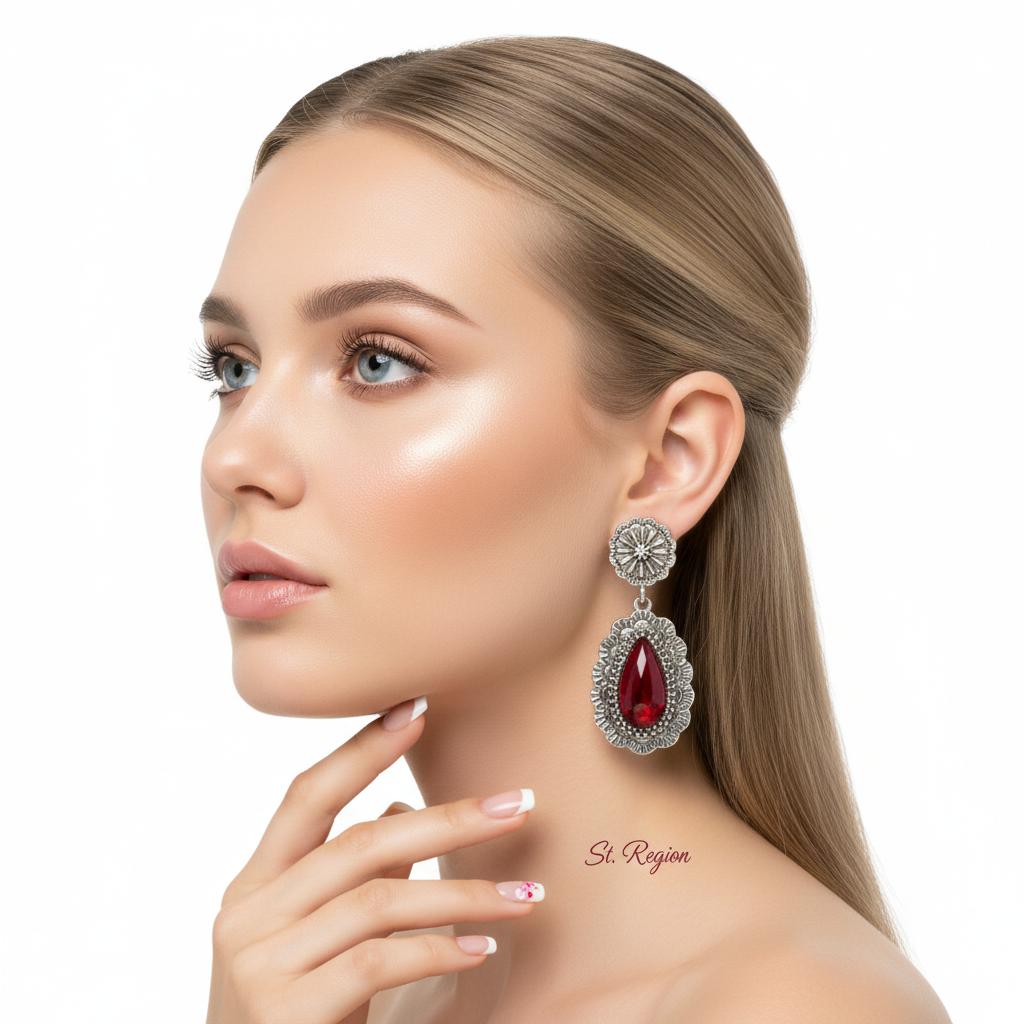 Red Resin and Silvertone Flower Drop Earrings, silver drop earrings for women, botanical inspired, styled look