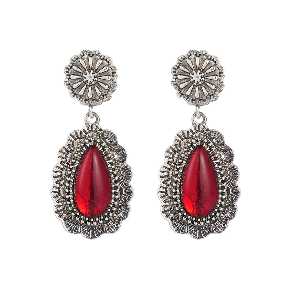 Red Resin & Silvertone Flower Drop Earrings