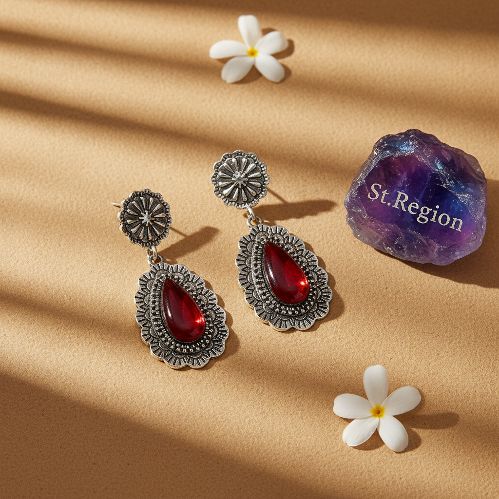 Red Resin & Silvertone Flower Drop Earrings - Street Region