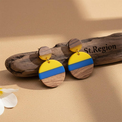 Yellow and Blue Resin Wood Goldtone Striped Circular Dangle Earrings, gold drop earrings for women, front view