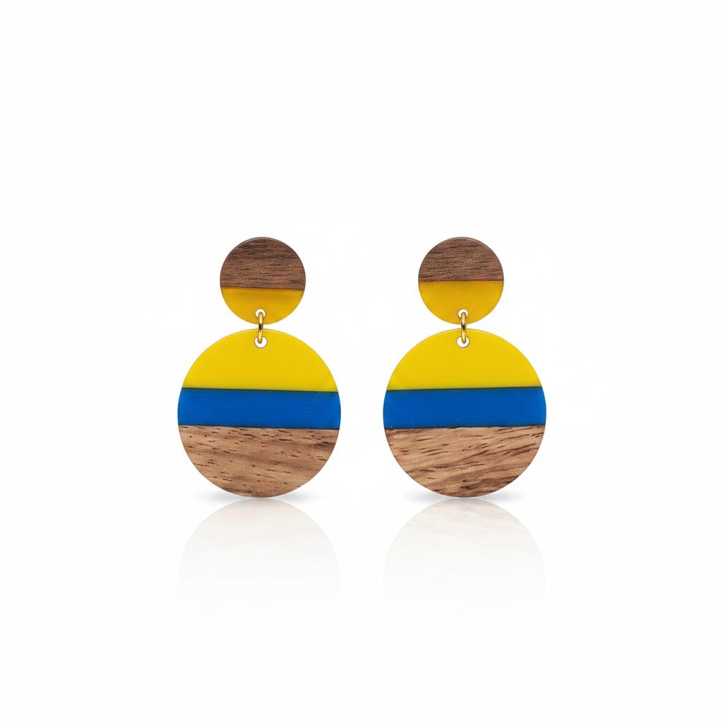 Yellow and Blue Resin Wood Goldtone Striped Circular Dangle Earrings, gold drop earrings for women, side view