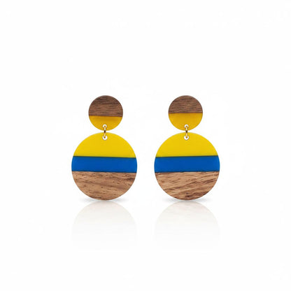 Yellow and Blue Resin Wood Goldtone Striped Circular Dangle Earrings, gold drop earrings for women, side view