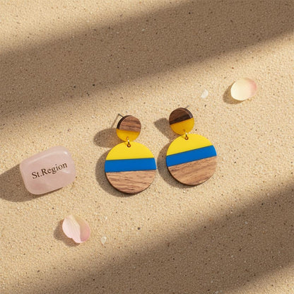 Yellow and Blue Resin Wood Goldtone Striped Circular Dangle Earrings, gold drop earrings for women, detail close-up