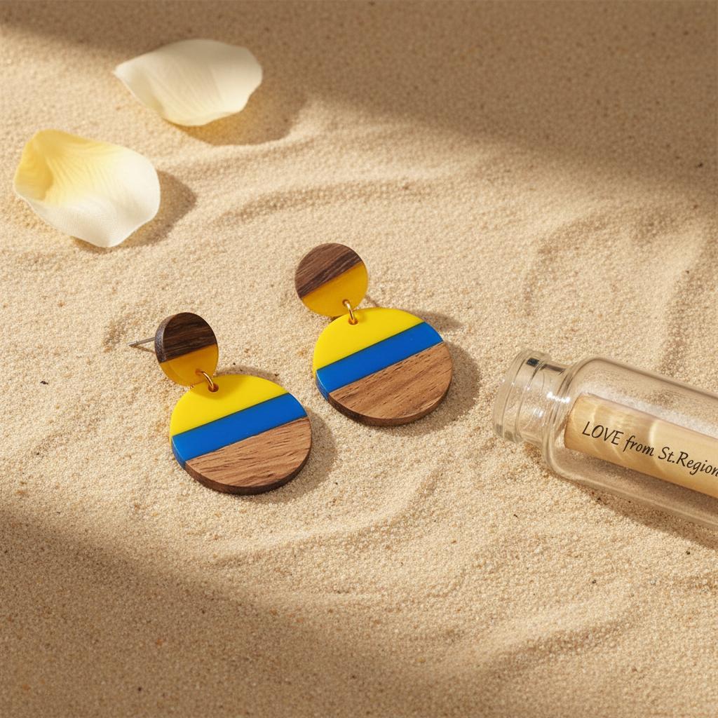 Yellow and Blue Resin Wood Goldtone Striped Circular Dangle Earrings, gold drop earrings for women, lifestyle look