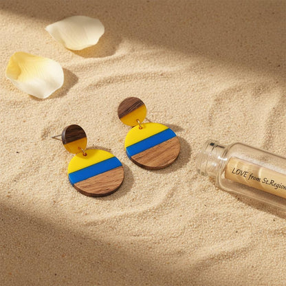 Yellow and Blue Resin Wood Goldtone Striped Circular Dangle Earrings, gold drop earrings for women, lifestyle look