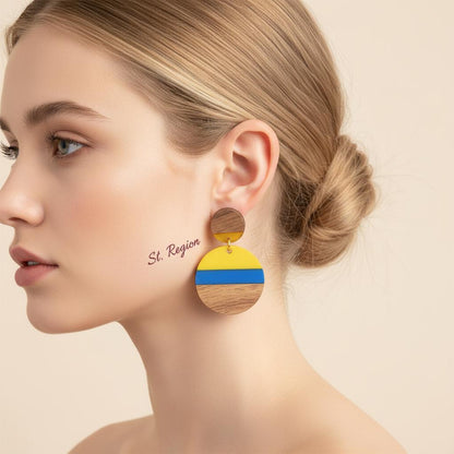 Yellow and Blue Resin Wood Goldtone Striped Circular Dangle Earrings, gold drop earrings for women, styled look