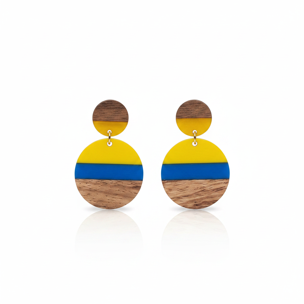 Yellow & Blue Resin Wood Goldtone Striped Circular Dangle Earrings - Street Region