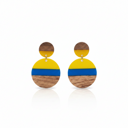 Yellow & Blue Resin Wood Goldtone Striped Circular Dangle Earrings - Street Region