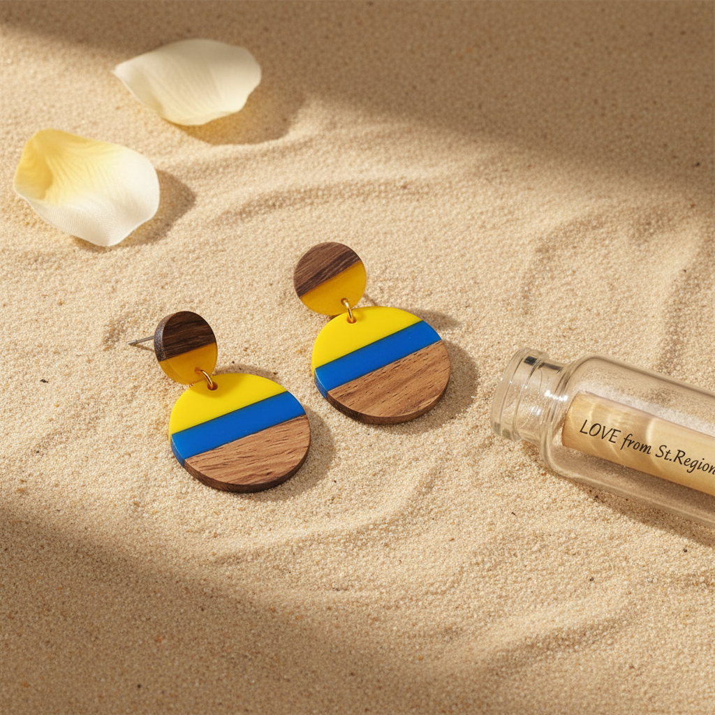 Yellow & Blue Resin Wood Goldtone Striped Circular Dangle Earrings - Street Region