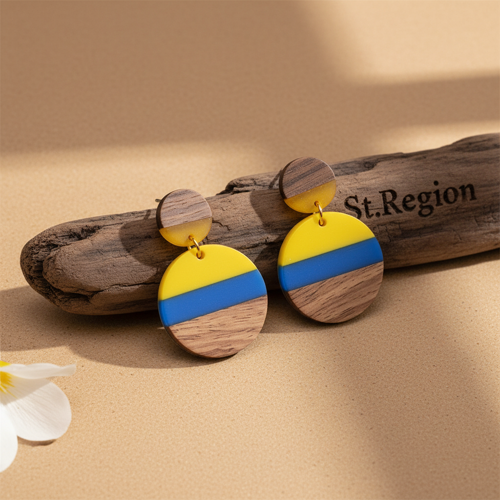Yellow & Blue Resin Wood Goldtone Striped Circular Dangle Earrings - Street Region