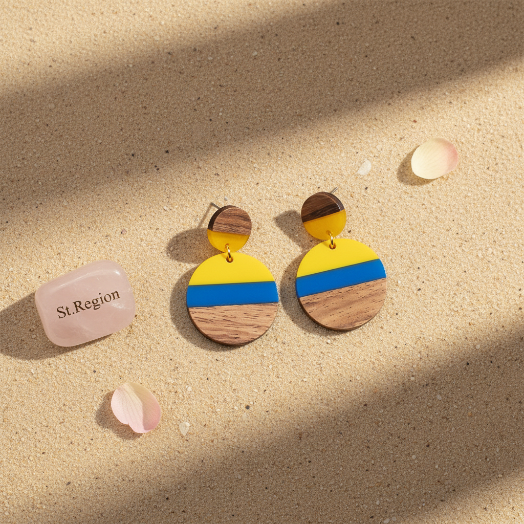 Yellow & Blue Resin Wood Goldtone Striped Circular Dangle Earrings - Street Region