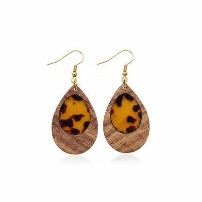 Amber Clear Resin and Wood Goldtone Patchwork Teardrop Hook Earrings, gold drop earrings for women, side view