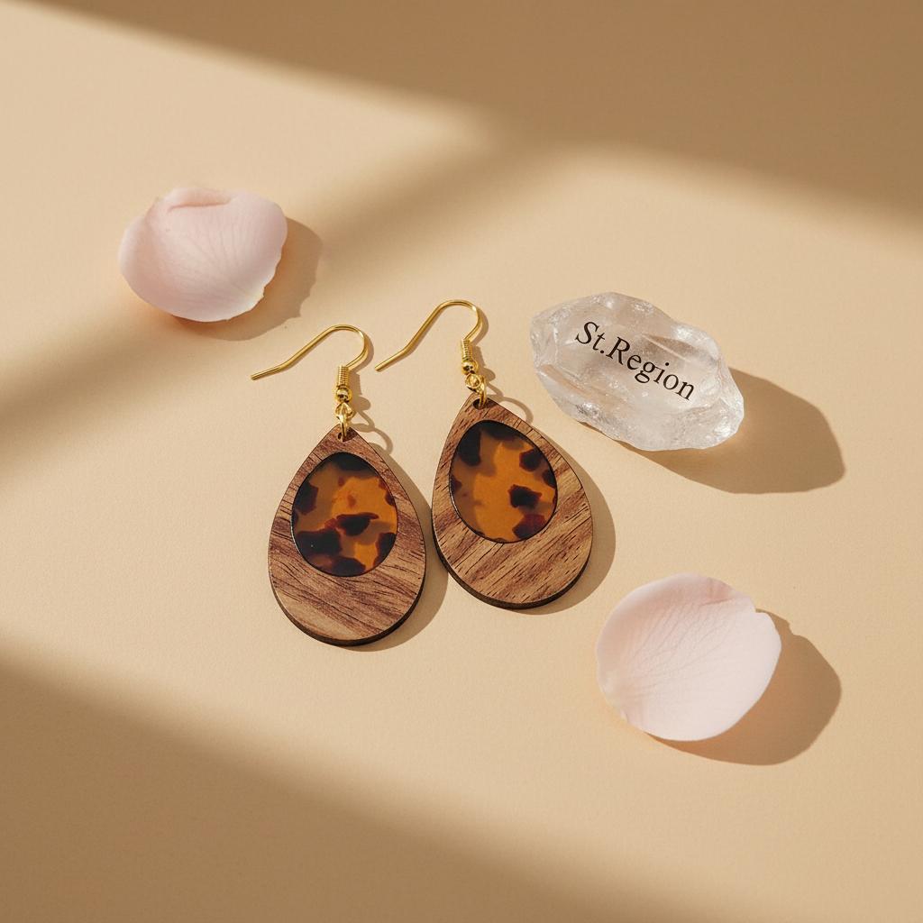 Amber Clear Resin and Wood Goldtone Patchwork Teardrop Hook Earrings, gold drop earrings for women, detail close-up