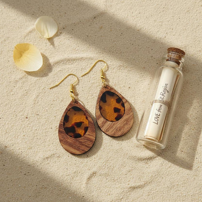 Amber Clear Resin and Wood Goldtone Patchwork Teardrop Hook Earrings, gold drop earrings for women, lifestyle look