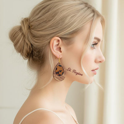 Amber Clear Resin and Wood Goldtone Patchwork Teardrop Hook Earrings, gold drop earrings for women, styled look