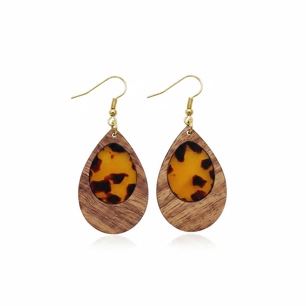 Amber Clear Resin & Wood Goldtone Patchwork Teardrop Hook Earrings - Street Region