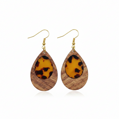 Amber Clear Resin & Wood Goldtone Patchwork Teardrop Hook Earrings - Street Region