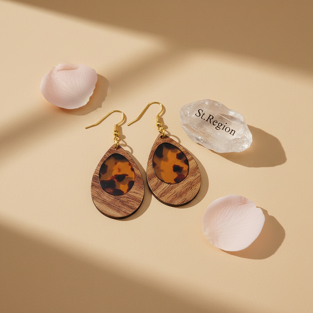 Amber Clear Resin & Wood Goldtone Patchwork Teardrop Hook Earrings - Street Region