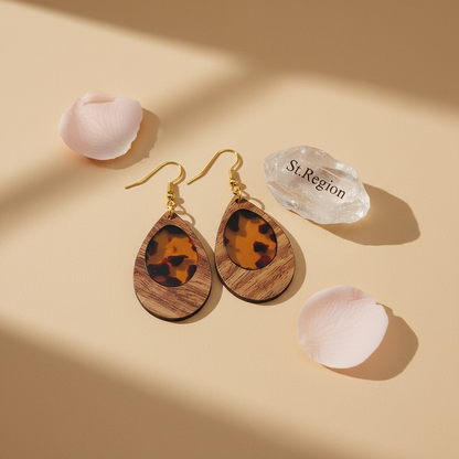 Amber Clear Resin & Wood Goldtone Patchwork Teardrop Hook Earrings - Street Region