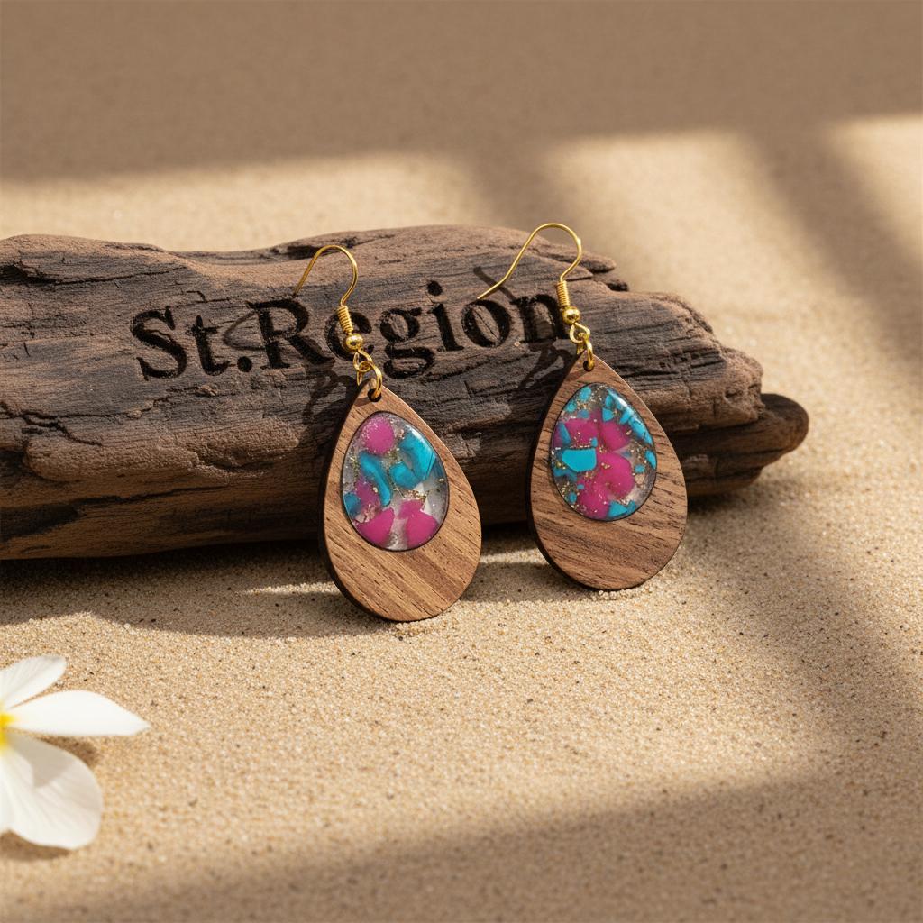Blue and Rose Resin Wood Goldtone Patchwork Teardrop Hook Earrings, gold drop earrings for women, front view