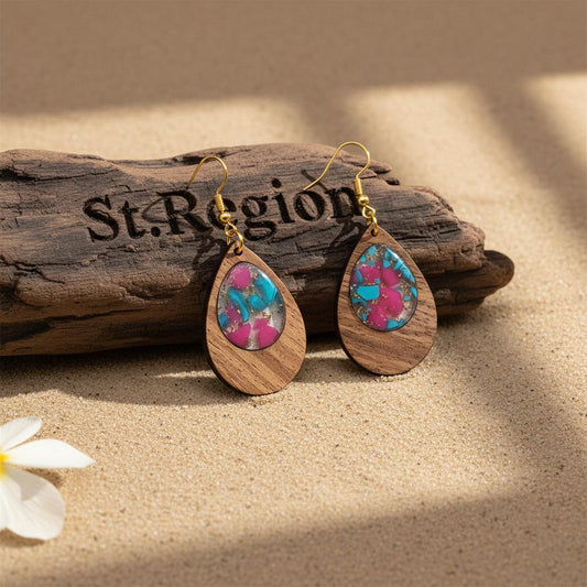 Blue and Rose Resin Wood Goldtone Patchwork Teardrop Hook Earrings, gold drop earrings for women, front view