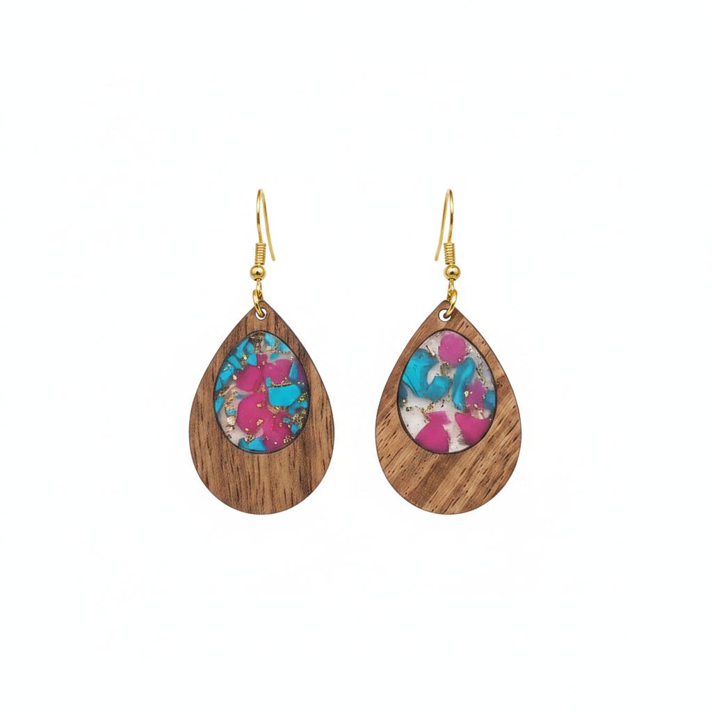 Blue and Rose Resin Wood Goldtone Patchwork Teardrop Hook Earrings, gold drop earrings for women, side view