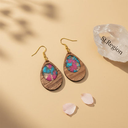 Blue and Rose Resin Wood Goldtone Patchwork Teardrop Hook Earrings, gold drop earrings for women, detail close-up