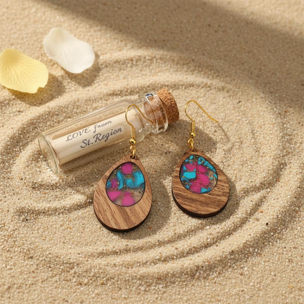 Blue and Rose Resin Wood Goldtone Patchwork Teardrop Hook Earrings, gold drop earrings for women, lifestyle look