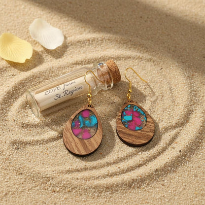 Blue and Rose Resin Wood Goldtone Patchwork Teardrop Hook Earrings, gold drop earrings for women, lifestyle look