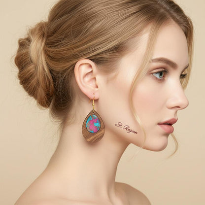 Blue and Rose Resin Wood Goldtone Patchwork Teardrop Hook Earrings, gold drop earrings for women, styled look