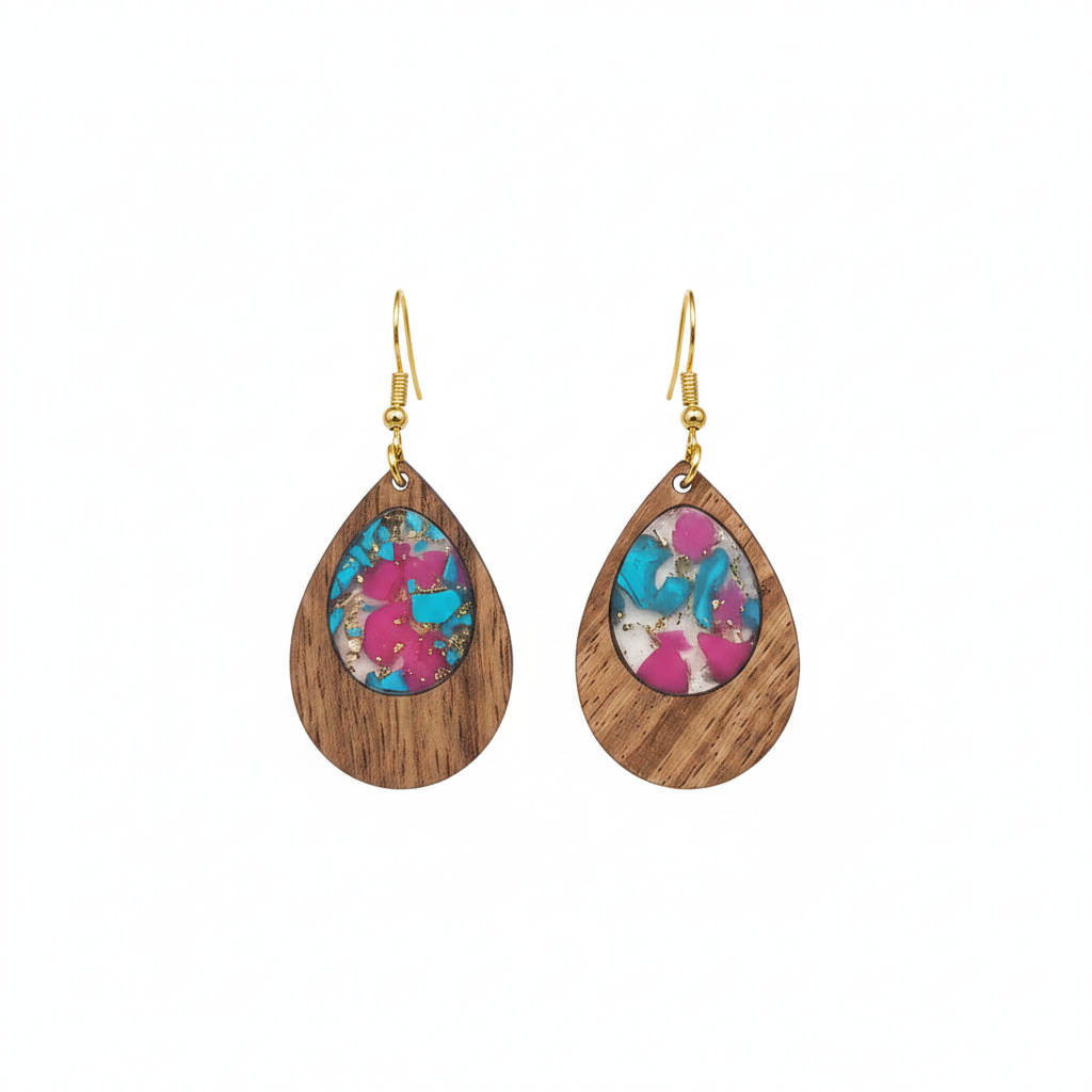 Blue & Rose Resin Wood Goldtone Patchwork Teardrop Hook Earrings - Street Region