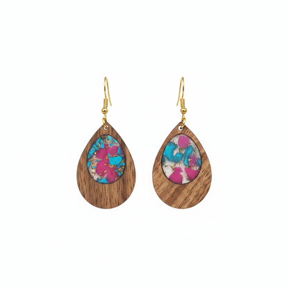 Blue & Rose Resin Wood Goldtone Patchwork Teardrop Hook Earrings - Street Region