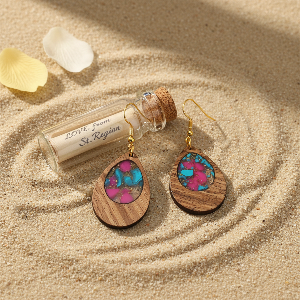 Blue & Rose Resin Wood Goldtone Patchwork Teardrop Hook Earrings - Street Region