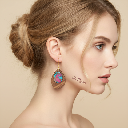 Blue & Rose Resin Wood Goldtone Patchwork Teardrop Hook Earrings - Street Region