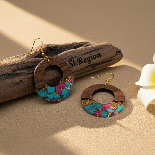 Blue and Rose Resin Wood Goldtone Patchwork Open Circular Hook Earrings, gold drop earrings for women, front view