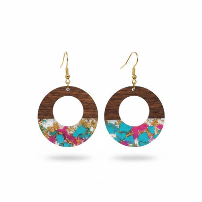 Blue and Rose Resin Wood Goldtone Patchwork Open Circular Hook Earrings, gold drop earrings for women, side view
