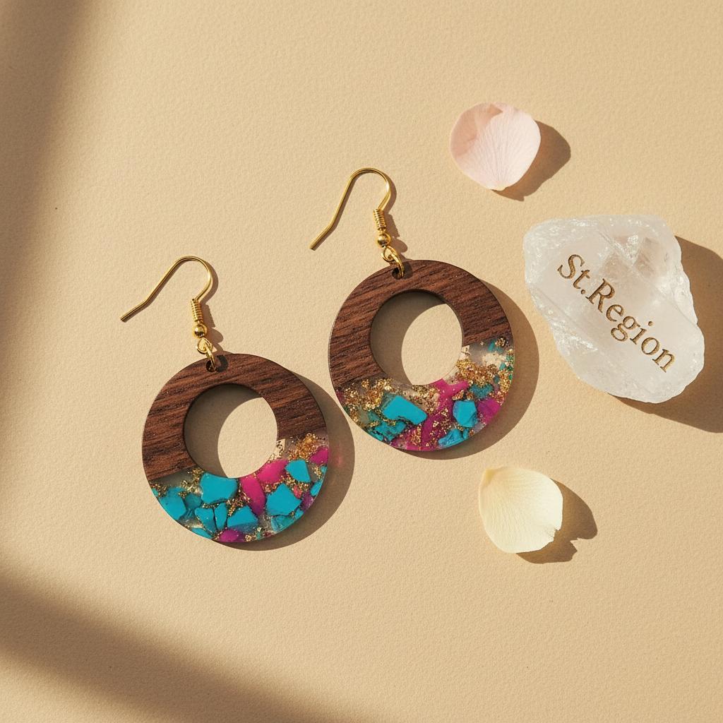 Blue and Rose Resin Wood Goldtone Patchwork Open Circular Hook Earrings, gold drop earrings for women, detail close-up