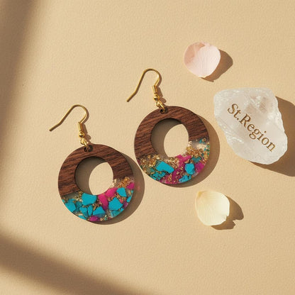 Blue and Rose Resin Wood Goldtone Patchwork Open Circular Hook Earrings, gold drop earrings for women, detail close-up