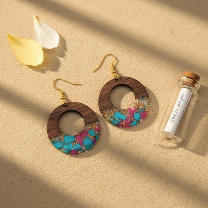 Blue and Rose Resin Wood Goldtone Patchwork Open Circular Hook Earrings, gold drop earrings for women, lifestyle look