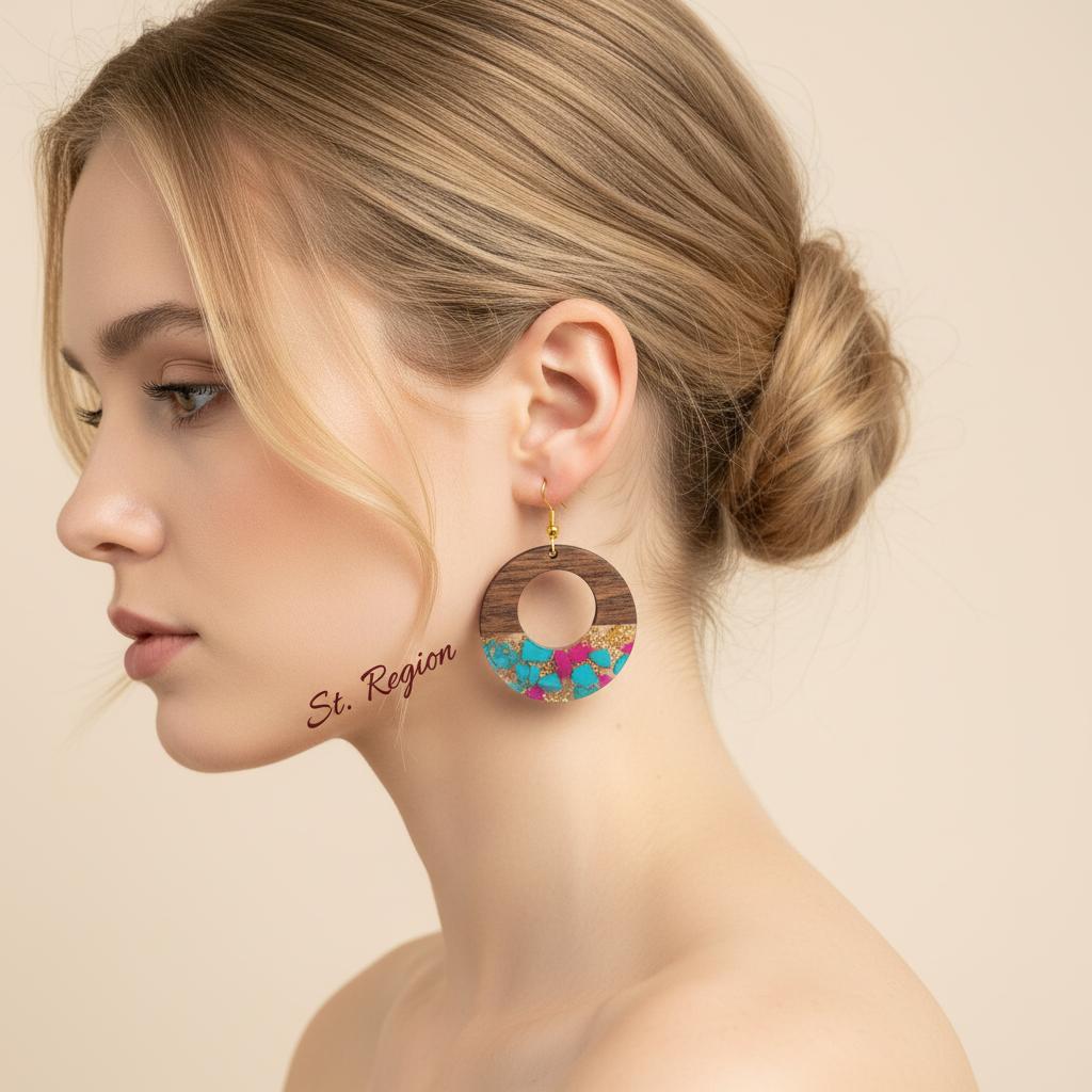 Blue and Rose Resin Wood Goldtone Patchwork Open Circular Hook Earrings, gold drop earrings for women, styled look