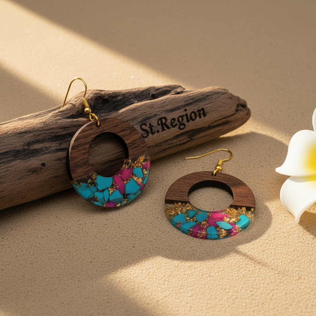 Blue & Rose Resin Wood Goldtone Patchwork Open Circular Hook Earrings - Street Region